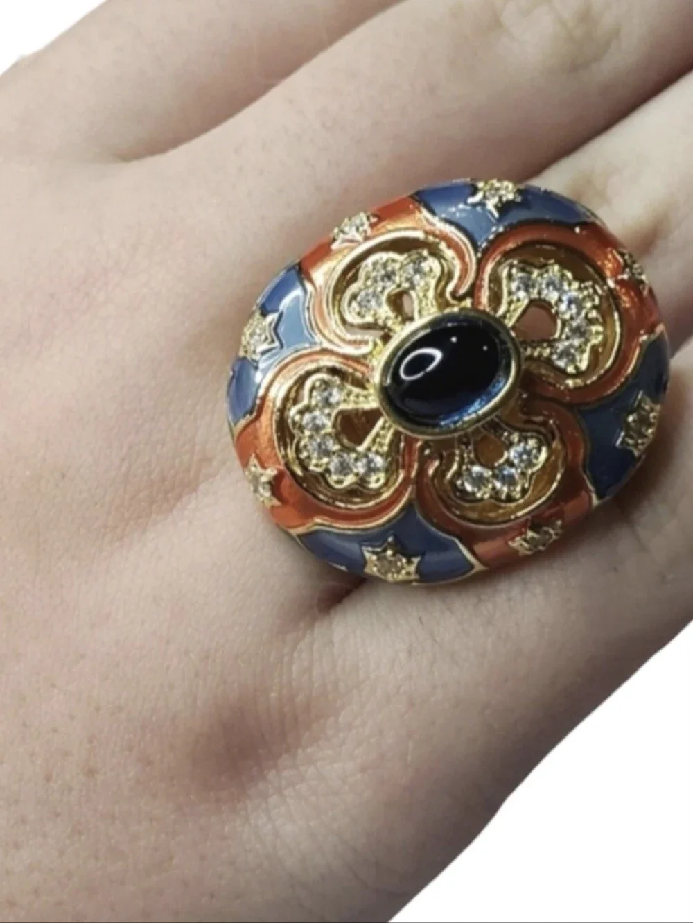18k Gold Plated Oversized Cut Out Maltese Cross Enamel Sapphire Cabochon Ring